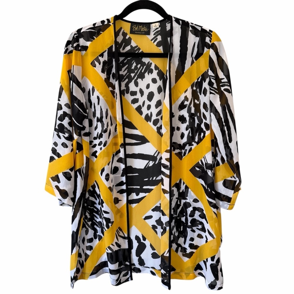 Bob Mackie Wearable Art Open Kimono Women's Small Black Yellow & White Abstract